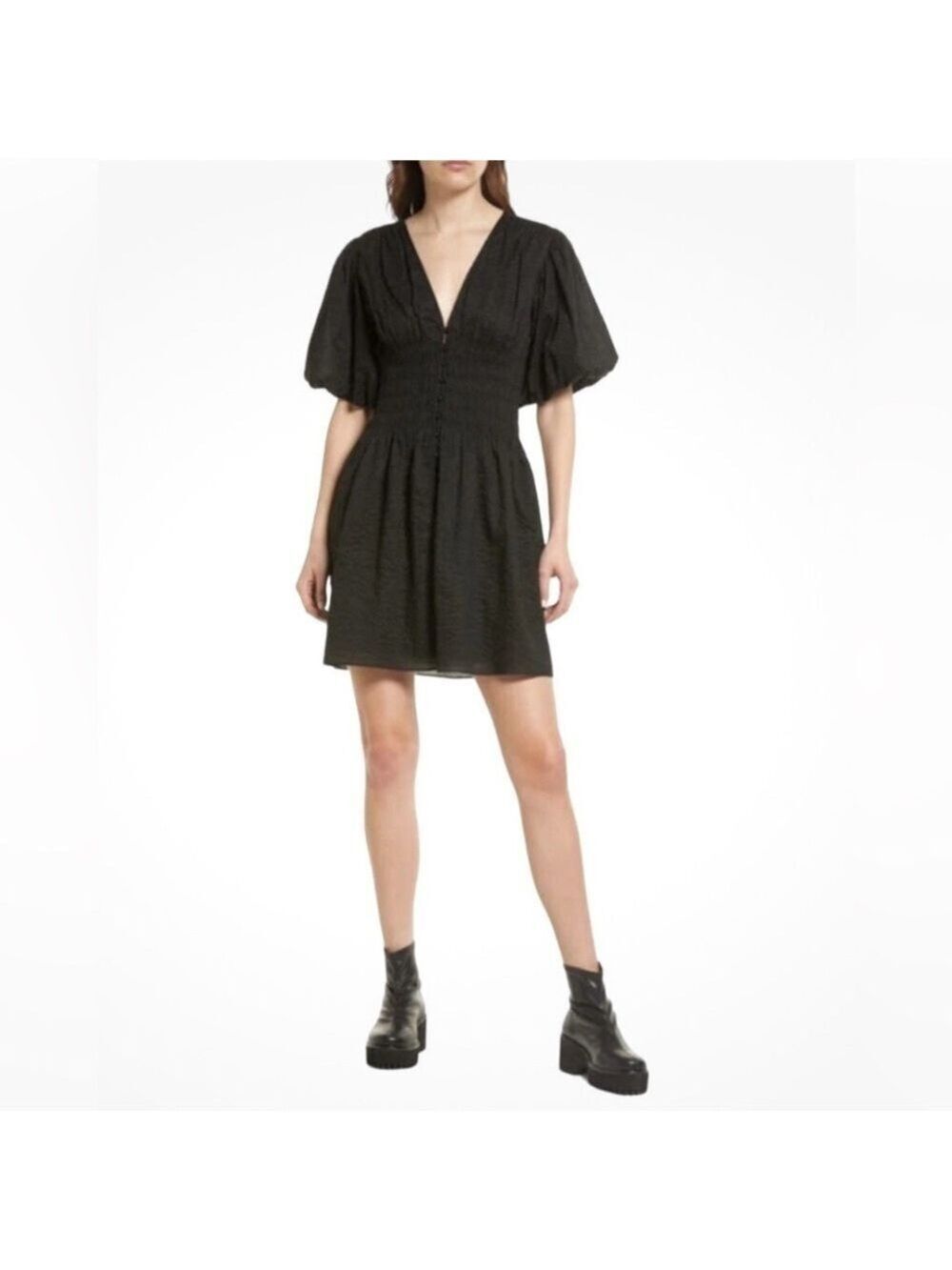 Frame Black Puff-Sleeved Mini Dress, Size Small